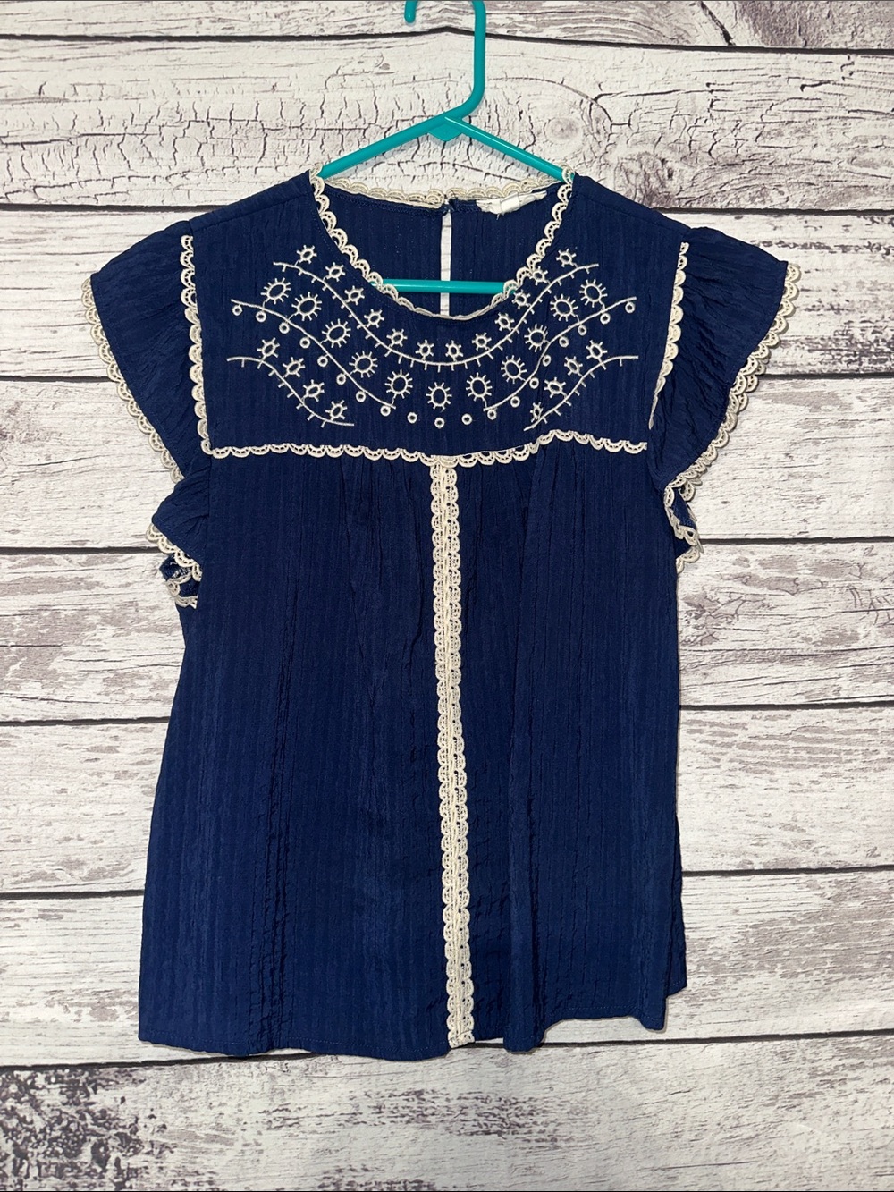 mine Navy Embroidered Flutter-Sleeve Blouse
